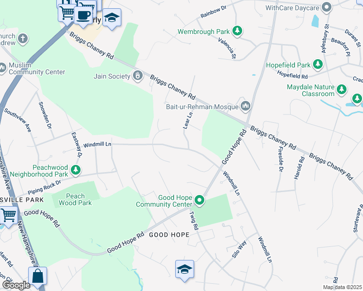 map of restaurants, bars, coffee shops, grocery stores, and more near 1028 Windmill Lane in Silver Spring