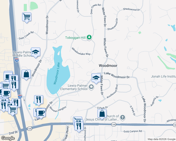map of restaurants, bars, coffee shops, grocery stores, and more near 1310 Spinnaker Trail in Monument