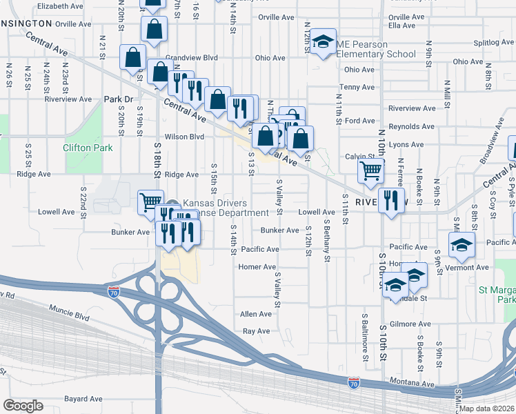 map of restaurants, bars, coffee shops, grocery stores, and more near 1244 Lowell Avenue in Kansas City