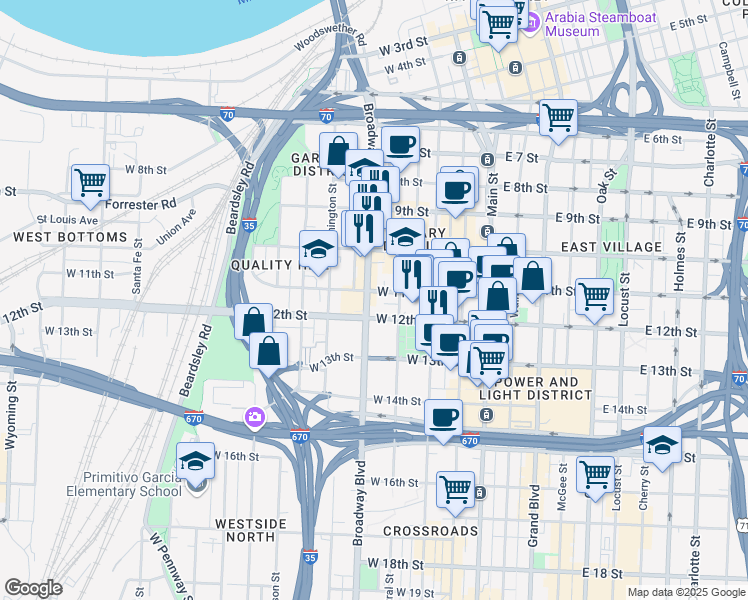 map of restaurants, bars, coffee shops, grocery stores, and more near 1112 Broadway Boulevard in Kansas City