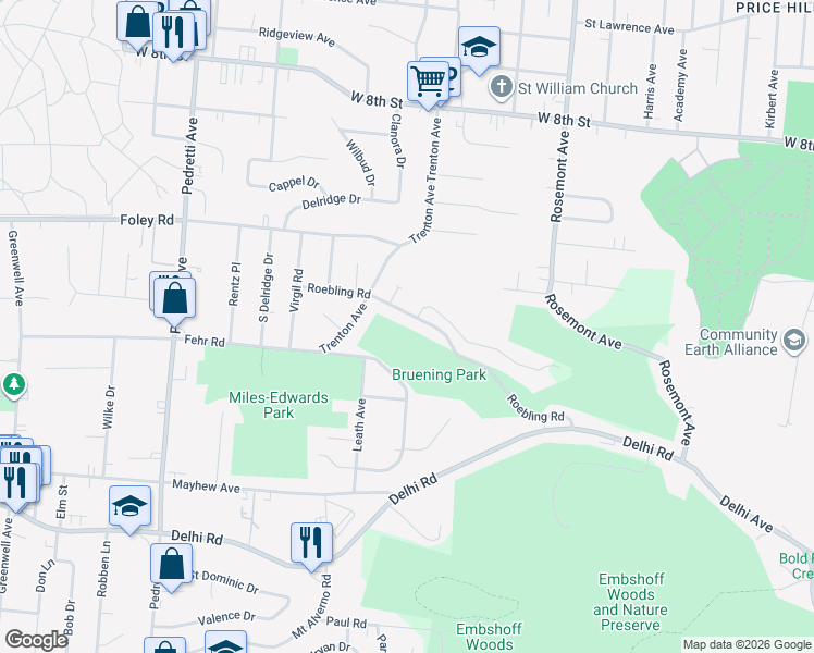 map of restaurants, bars, coffee shops, grocery stores, and more near 521 Roebling Road in Cincinnati