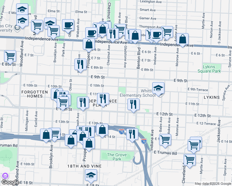 map of restaurants, bars, coffee shops, grocery stores, and more near 2823 East 11 Street in Kansas City