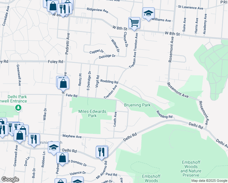 map of restaurants, bars, coffee shops, grocery stores, and more near 540 Trenton Avenue in Cincinnati