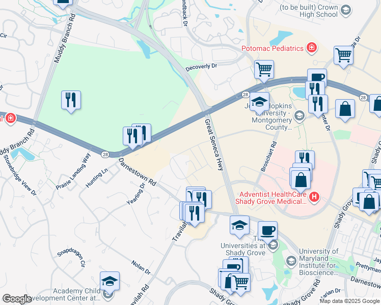 map of restaurants, bars, coffee shops, grocery stores, and more near 14938 Swat Street in Rockville