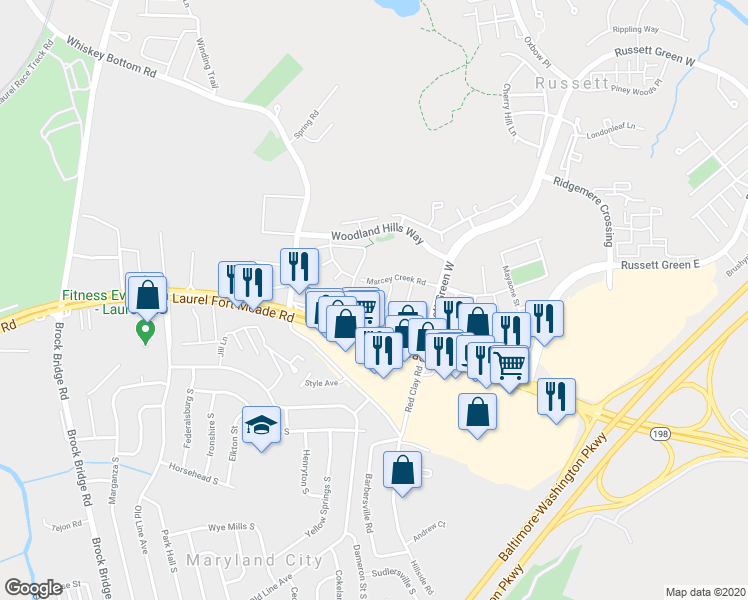 map of restaurants, bars, coffee shops, grocery stores, and more near 8613 Otter Creek Road in Laurel