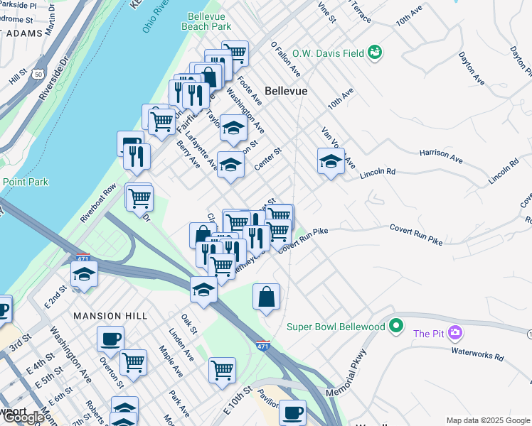 map of restaurants, bars, coffee shops, grocery stores, and more near 214 Retreat Street in Bellevue