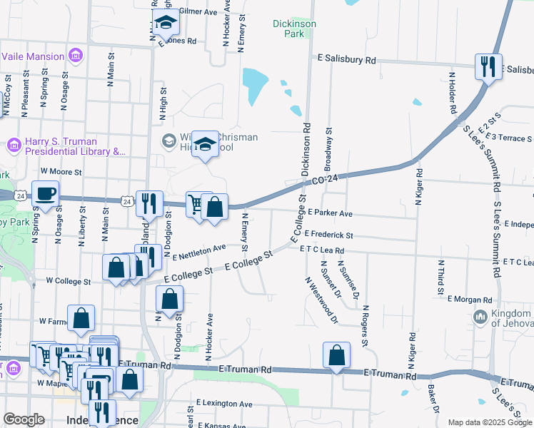 map of restaurants, bars, coffee shops, grocery stores, and more near 932 North Strode Street in Independence
