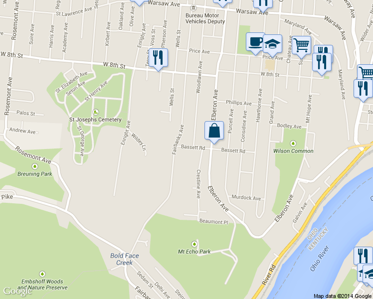 map of restaurants, bars, coffee shops, grocery stores, and more near 3457 Bassett Road in Cincinnati