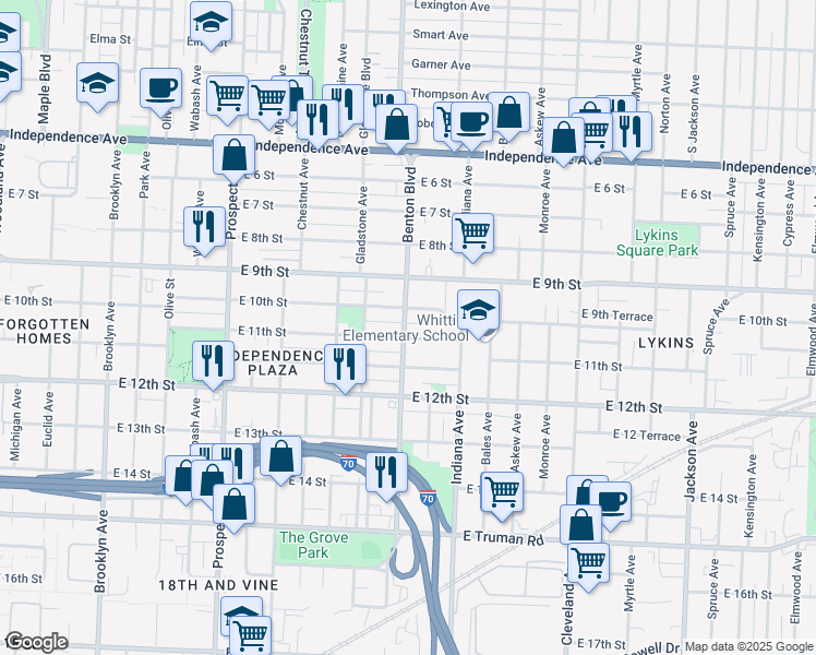 map of restaurants, bars, coffee shops, grocery stores, and more near 1015 Benton Boulevard in Kansas City
