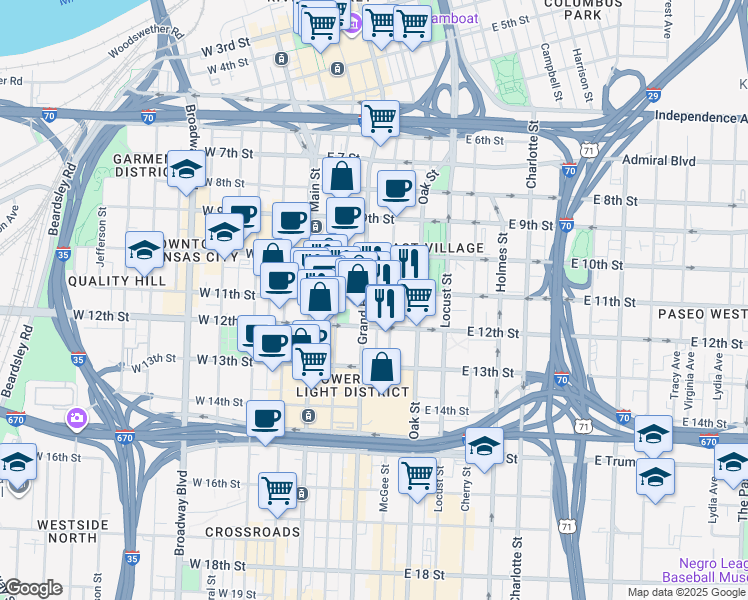 map of restaurants, bars, coffee shops, grocery stores, and more near 1120 Grand Boulevard in Kansas City