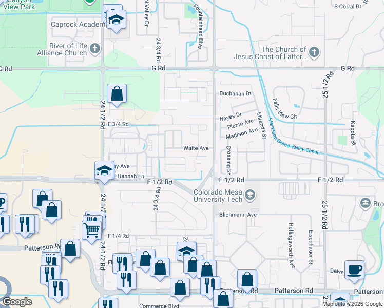 map of restaurants, bars, coffee shops, grocery stores, and more near 2489 Josefine Lane in Grand Junction