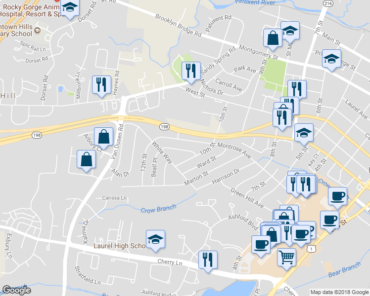 map of restaurants, bars, coffee shops, grocery stores, and more near 1011 Turney Avenue in Laurel
