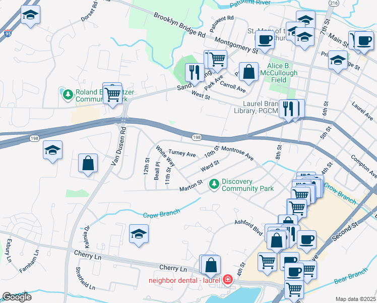 map of restaurants, bars, coffee shops, grocery stores, and more near 1011 Turney Avenue in Laurel