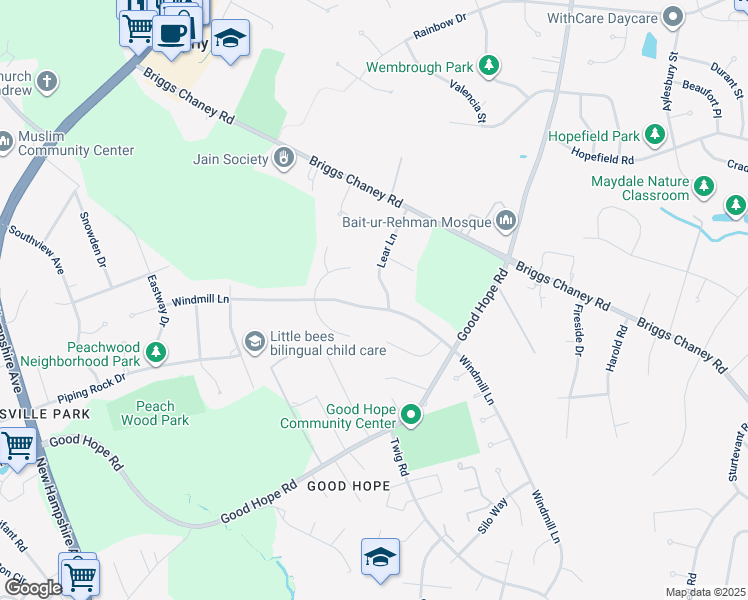 map of restaurants, bars, coffee shops, grocery stores, and more near 1028 Windmill Lane in Silver Spring