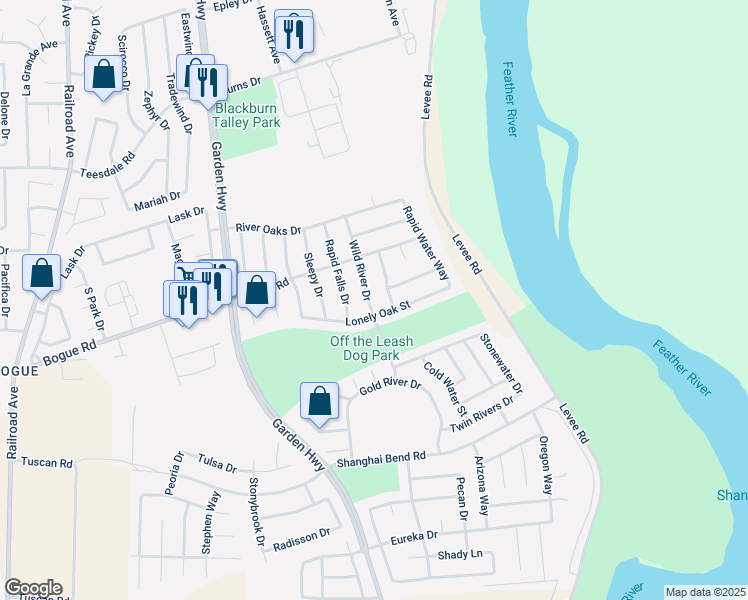 map of restaurants, bars, coffee shops, grocery stores, and more near 1975 Wild River Drive in Yuba City