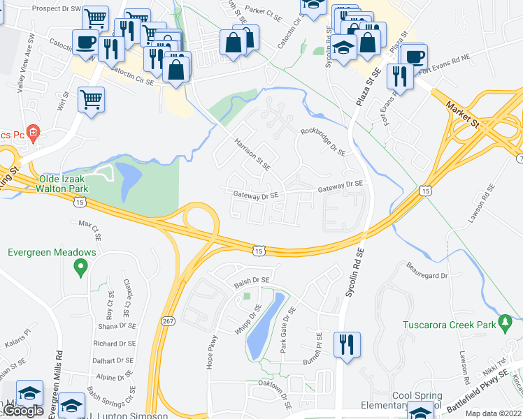 map of restaurants, bars, coffee shops, grocery stores, and more near 645 Constellation Square Southeast in Leesburg