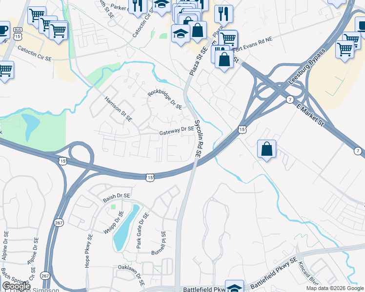 map of restaurants, bars, coffee shops, grocery stores, and more near 775 Gateway Drive Southeast in Leesburg