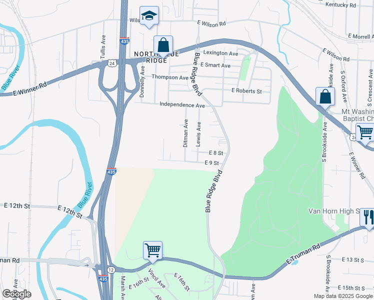 map of restaurants, bars, coffee shops, grocery stores, and more near 745 Ditman Avenue in Kansas City