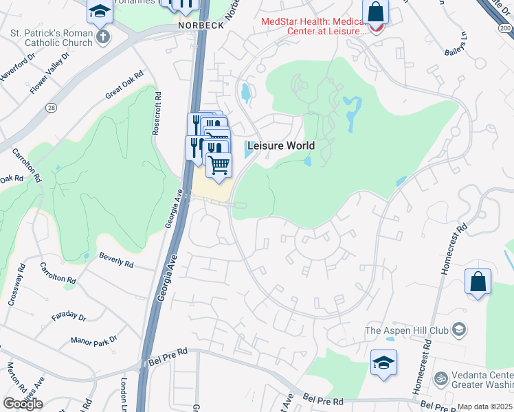 map of restaurants, bars, coffee shops, grocery stores, and more near 3700 North Leisure World Boulevard in Silver Spring
