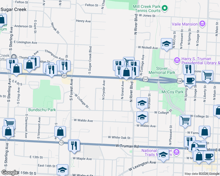 map of restaurants, bars, coffee shops, grocery stores, and more near 1217 West Saint Charles Street in Independence
