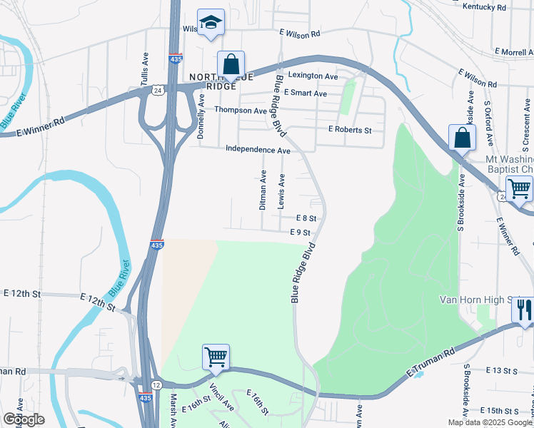 map of restaurants, bars, coffee shops, grocery stores, and more near 803 Ditman Avenue in Kansas City