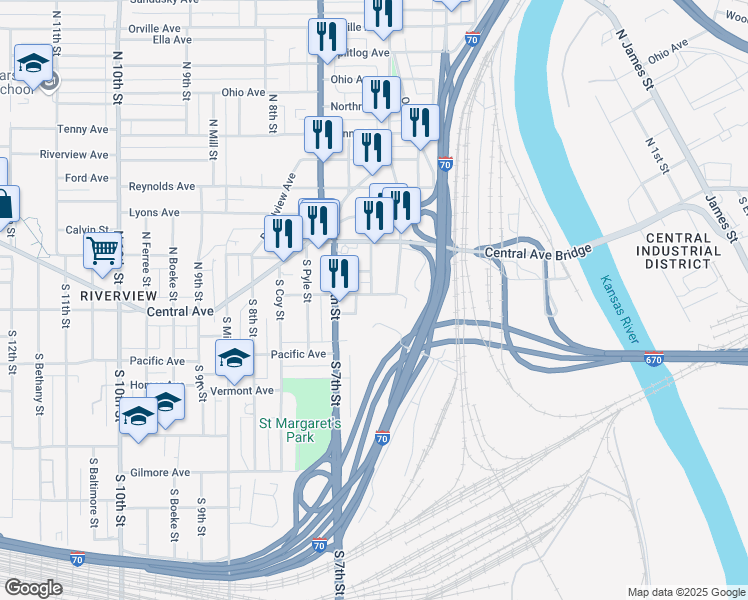map of restaurants, bars, coffee shops, grocery stores, and more near 569 Lowell Avenue in Kansas City