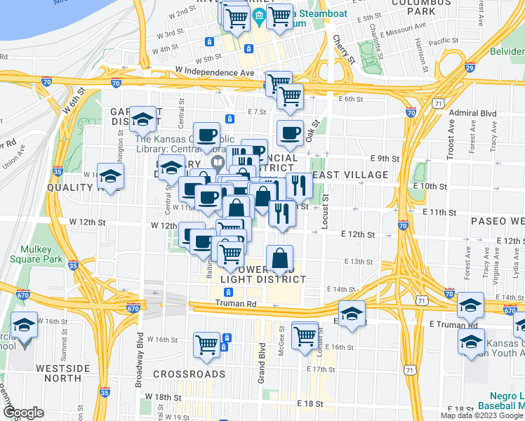 map of restaurants, bars, coffee shops, grocery stores, and more near 1102 Grand Boulevard in Kansas City