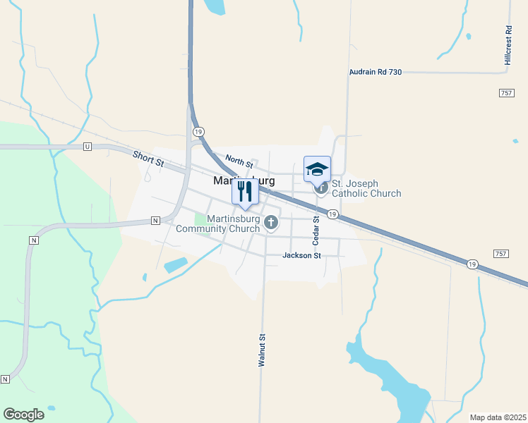 map of restaurants, bars, coffee shops, grocery stores, and more near 102 West Washington Street in Vandalia