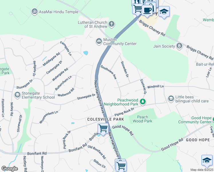 map of restaurants, bars, coffee shops, grocery stores, and more near 225 Windridge Acres Court in Silver Spring