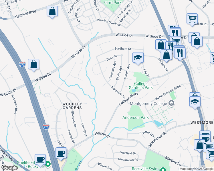 map of restaurants, bars, coffee shops, grocery stores, and more near 9 Columbia Court in Rockville