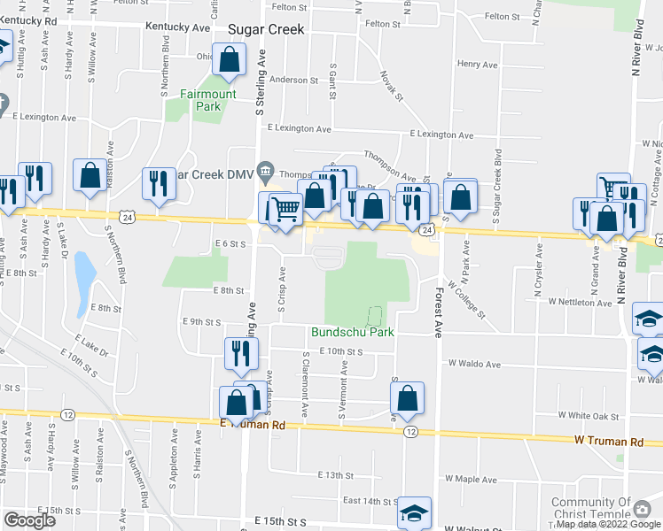 map of restaurants, bars, coffee shops, grocery stores, and more near 424 Sundown Drive in Independence