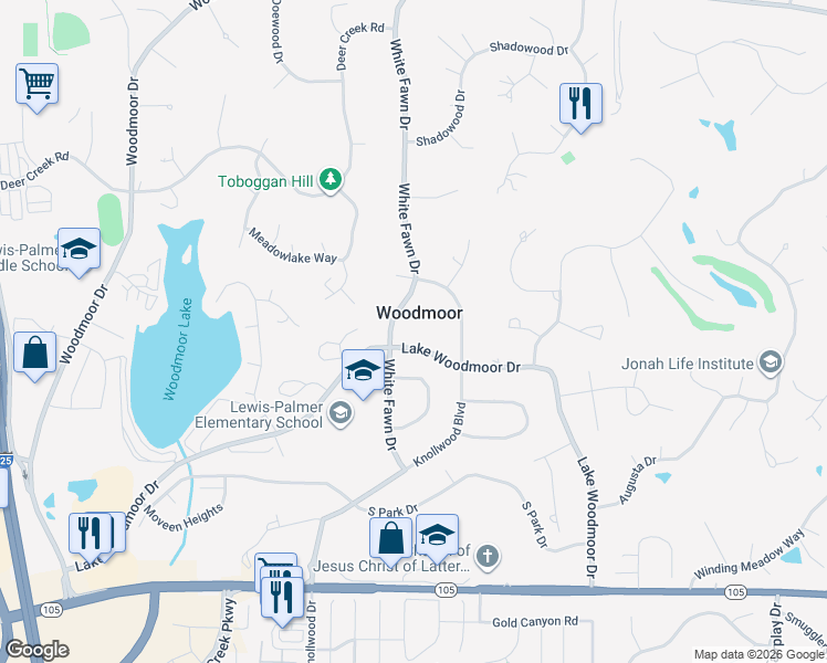 map of restaurants, bars, coffee shops, grocery stores, and more near 1090 Lake Woodmoor Drive in Monument