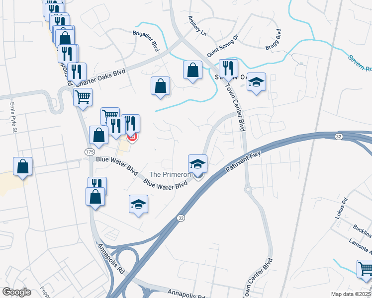 map of restaurants, bars, coffee shops, grocery stores, and more near 2002 Cramer Point Court in Odenton