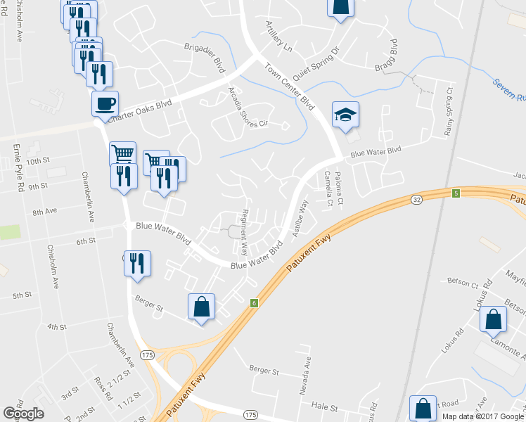 map of restaurants, bars, coffee shops, grocery stores, and more near 2002 Cramer Point Court in Odenton