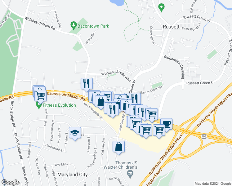 map of restaurants, bars, coffee shops, grocery stores, and more near 8615 Savannah River Road in Laurel