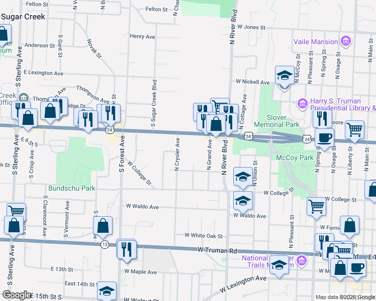 map of restaurants, bars, coffee shops, grocery stores, and more near 1217 West Saint Charles Street in Independence
