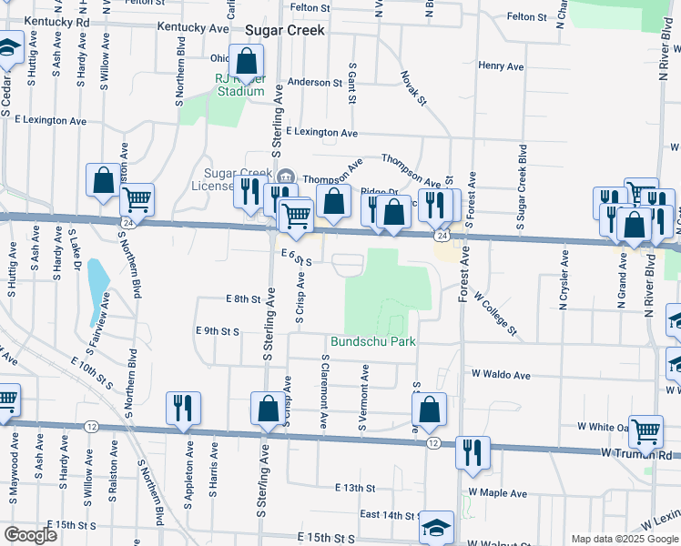 map of restaurants, bars, coffee shops, grocery stores, and more near 434 Sundown Drive in Independence