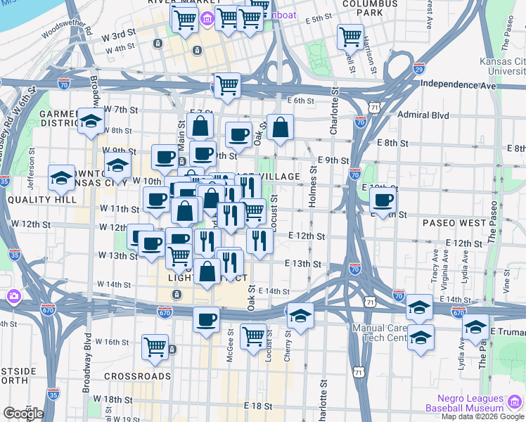 map of restaurants, bars, coffee shops, grocery stores, and more near 414 East 12th Street in Kansas City