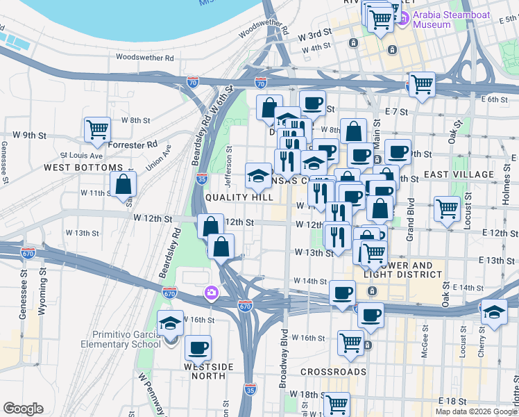 map of restaurants, bars, coffee shops, grocery stores, and more near 501 West 11th Street in Kansas City
