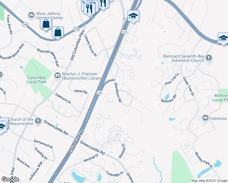 map of restaurants, bars, coffee shops, grocery stores, and more near 3852 Berleigh Hill Court in Burtonsville