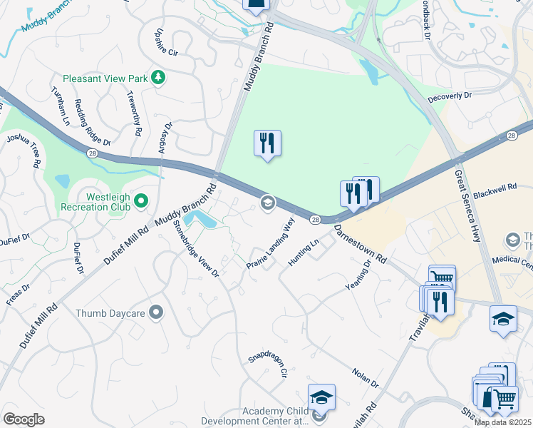 map of restaurants, bars, coffee shops, grocery stores, and more near 10500 Darnestown Road in Rockville