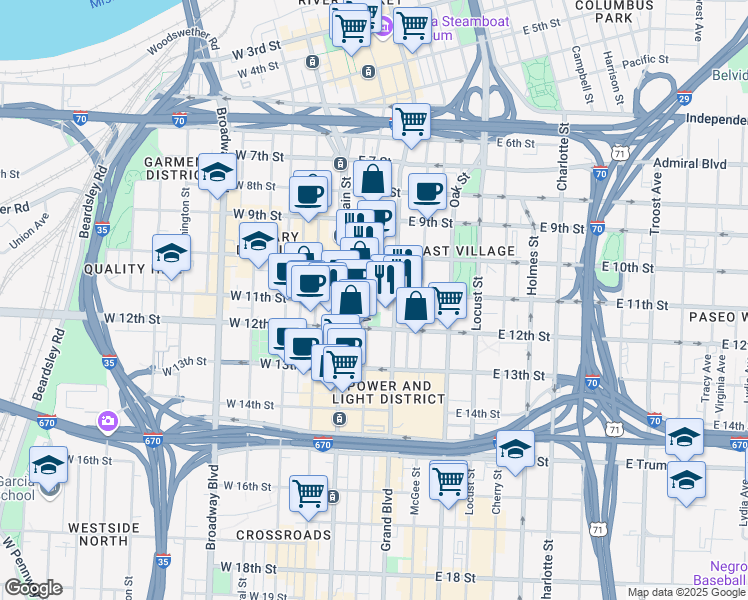 map of restaurants, bars, coffee shops, grocery stores, and more near 1100 Walnut Street in Kansas City