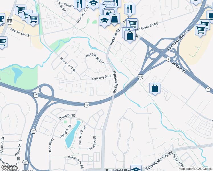 map of restaurants, bars, coffee shops, grocery stores, and more near 775 Gateway Drive Southeast in Leesburg