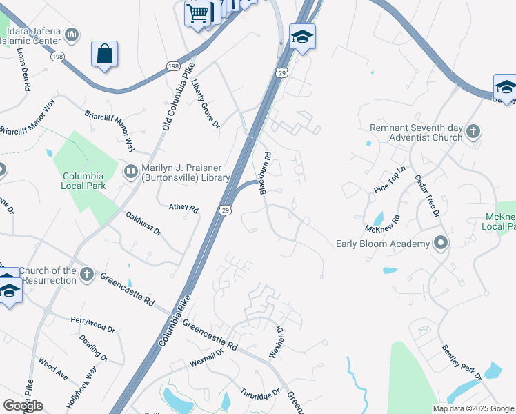 map of restaurants, bars, coffee shops, grocery stores, and more near 3852 Berleigh Hill Court in Burtonsville