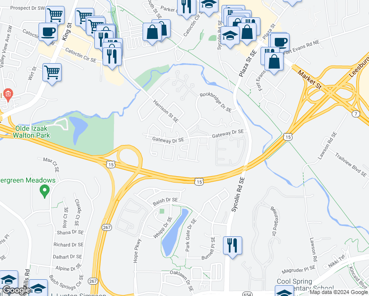 map of restaurants, bars, coffee shops, grocery stores, and more near 832 Vanderbilt Terrace Southeast in Leesburg