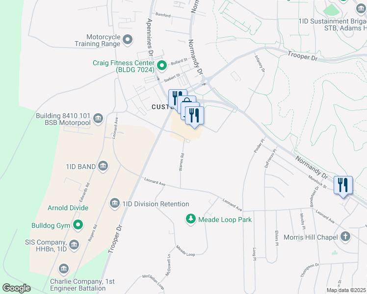 map of restaurants, bars, coffee shops, grocery stores, and more near 6950 Warren Road in Fort Riley