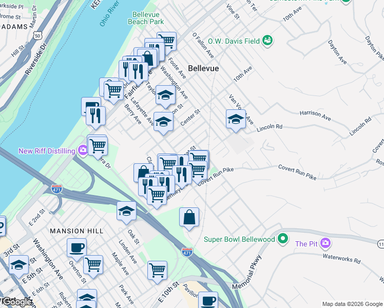 map of restaurants, bars, coffee shops, grocery stores, and more near 214 Retreat Street in Bellevue