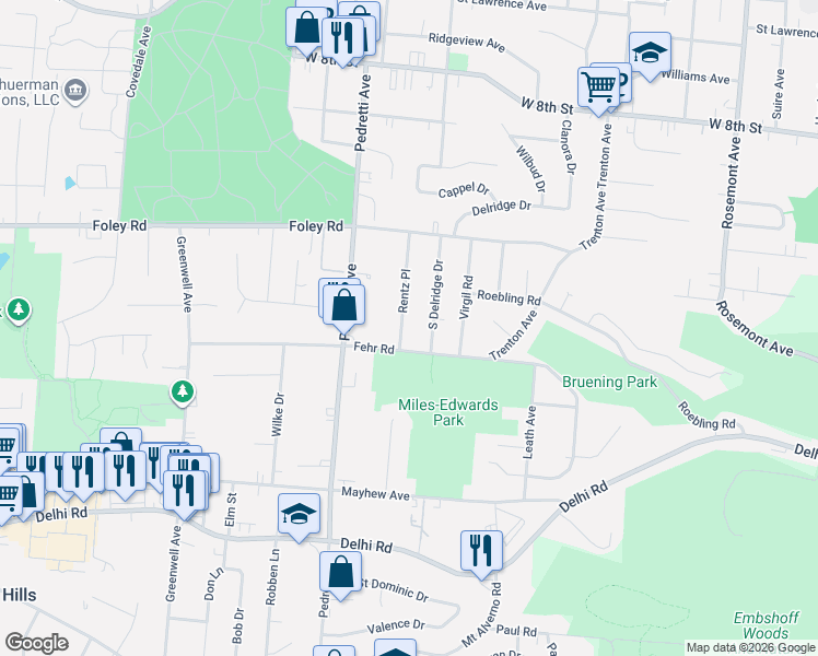 map of restaurants, bars, coffee shops, grocery stores, and more near 505 Rentz Place in Cincinnati