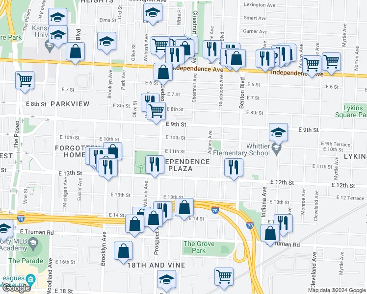 map of restaurants, bars, coffee shops, grocery stores, and more near 2639e East 11 Street in Kansas City