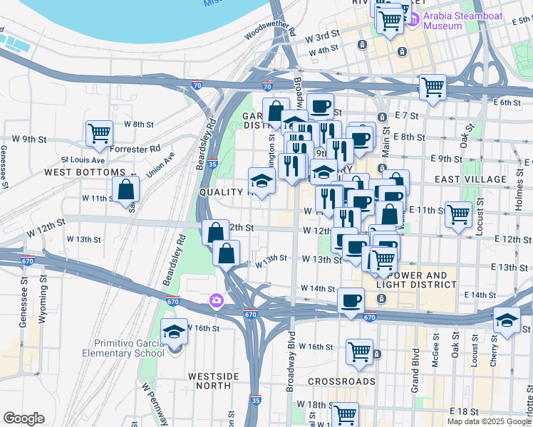 map of restaurants, bars, coffee shops, grocery stores, and more near 444 West 12th Street in Kansas City